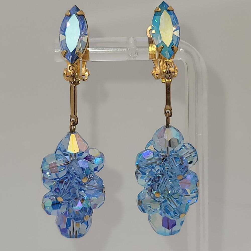 Vintage Lewis Segal California Blue Aurora Borealis Crystal Clip-on Earrings